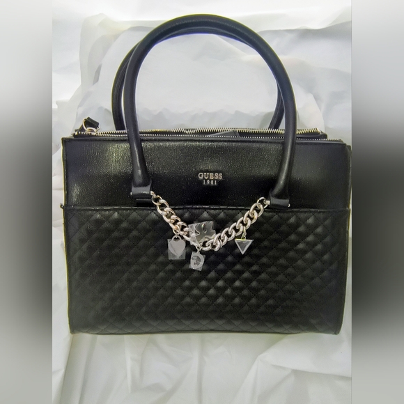 GUESS New 1981 Black Quilted Faux Leather Handbag with Charms - Picture 1 of 16